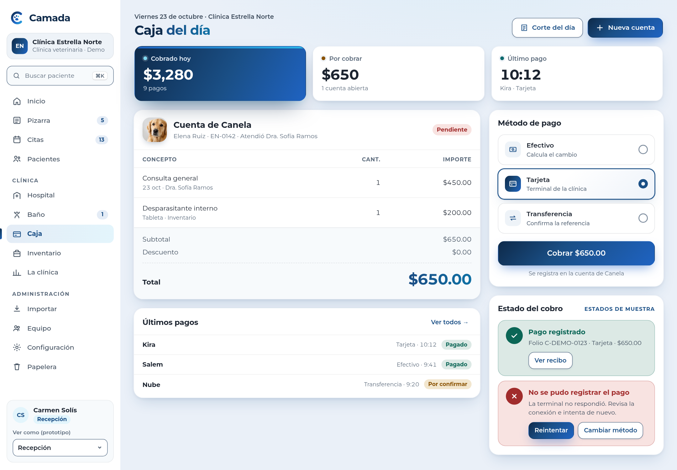 Camada · Caja: pantalla de Camada con datos de ejemplo